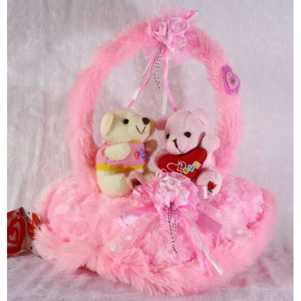 Pink Handle Heart with Love Couple Teddy Bears